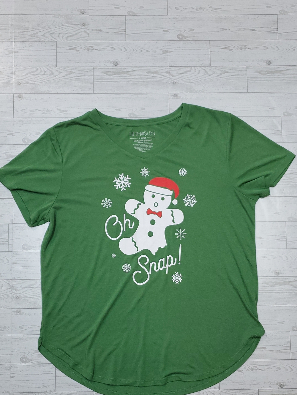 Oh Snap! Gingerbread Man Green V-Neck Short Sleeve Shirt Christmas Holiday